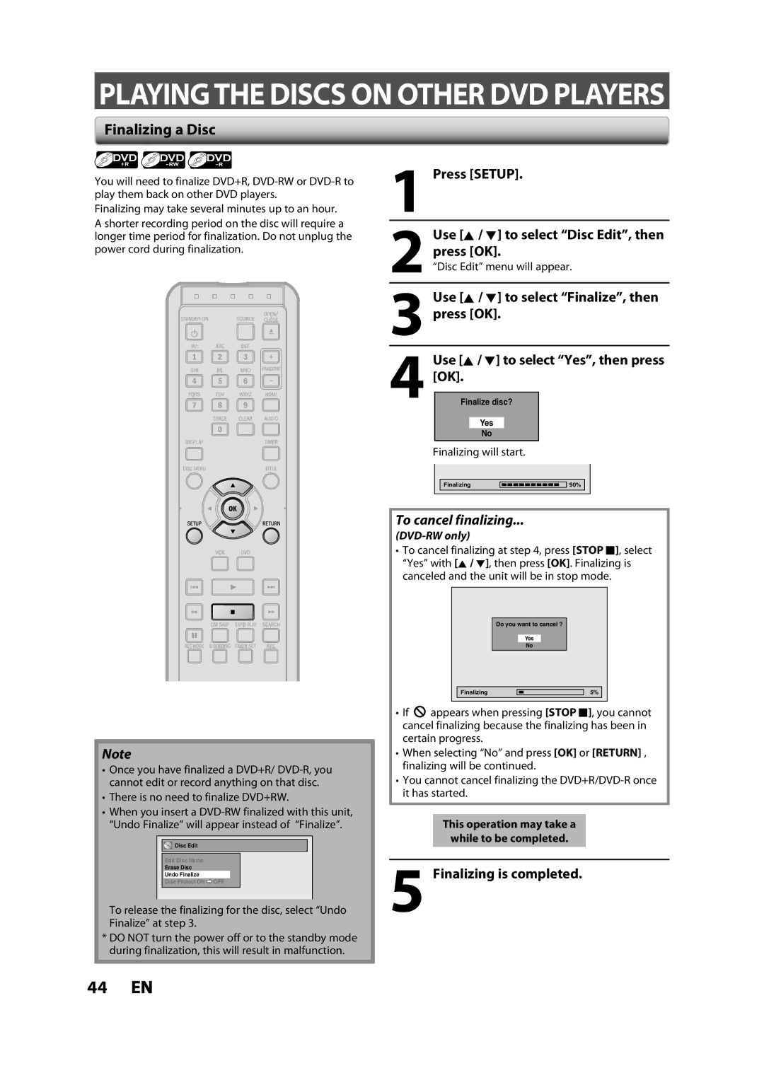 Magnavox ZV427MG9 owner manual Finalizing a Disc, Use K / L to select Finalize, then press OK, Finalizing is completed 