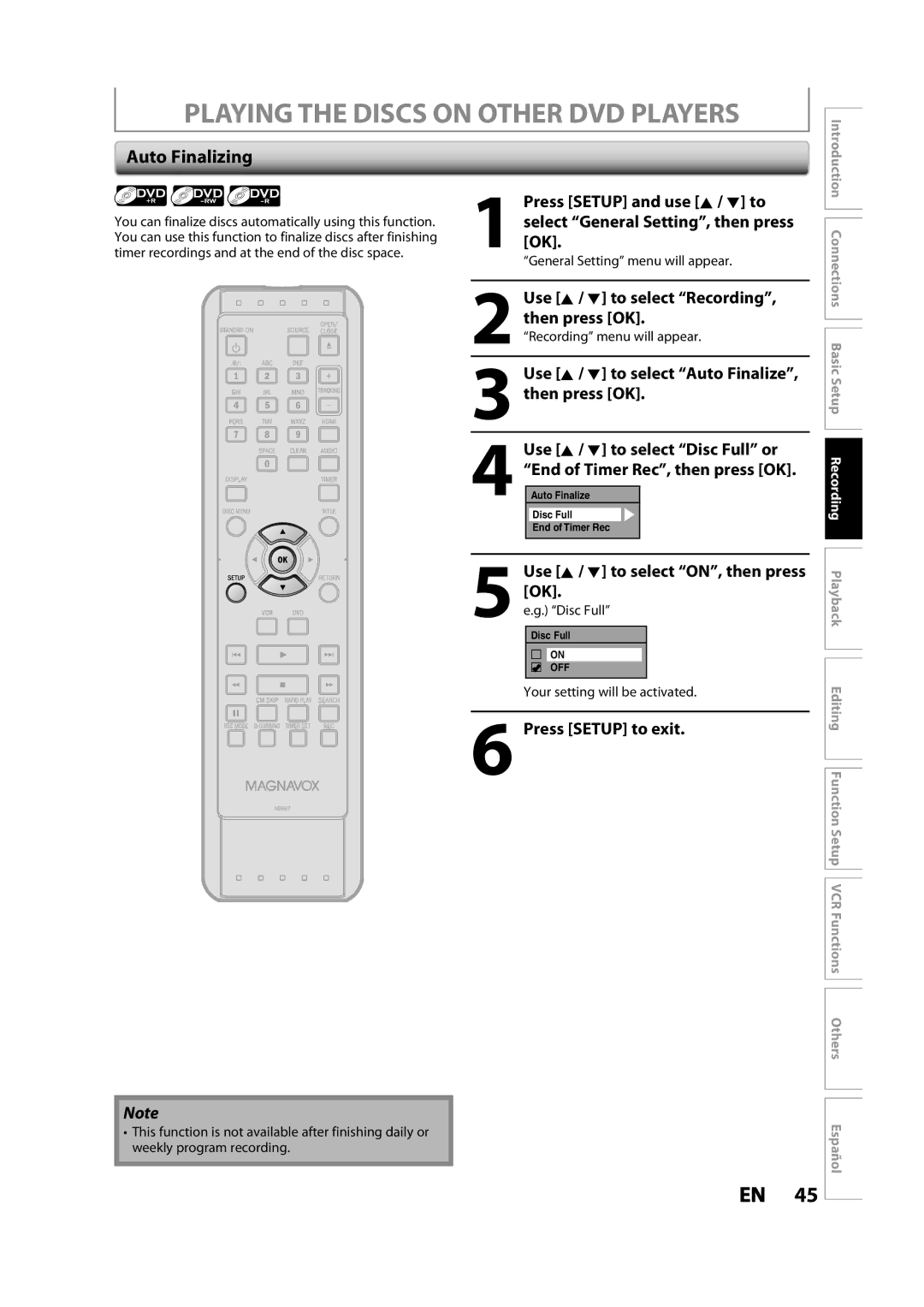 Magnavox ZV427MG9 owner manual Playing the Discs on Other DVD Players, Auto Finalizing, Use K / L to select Disc Full or 