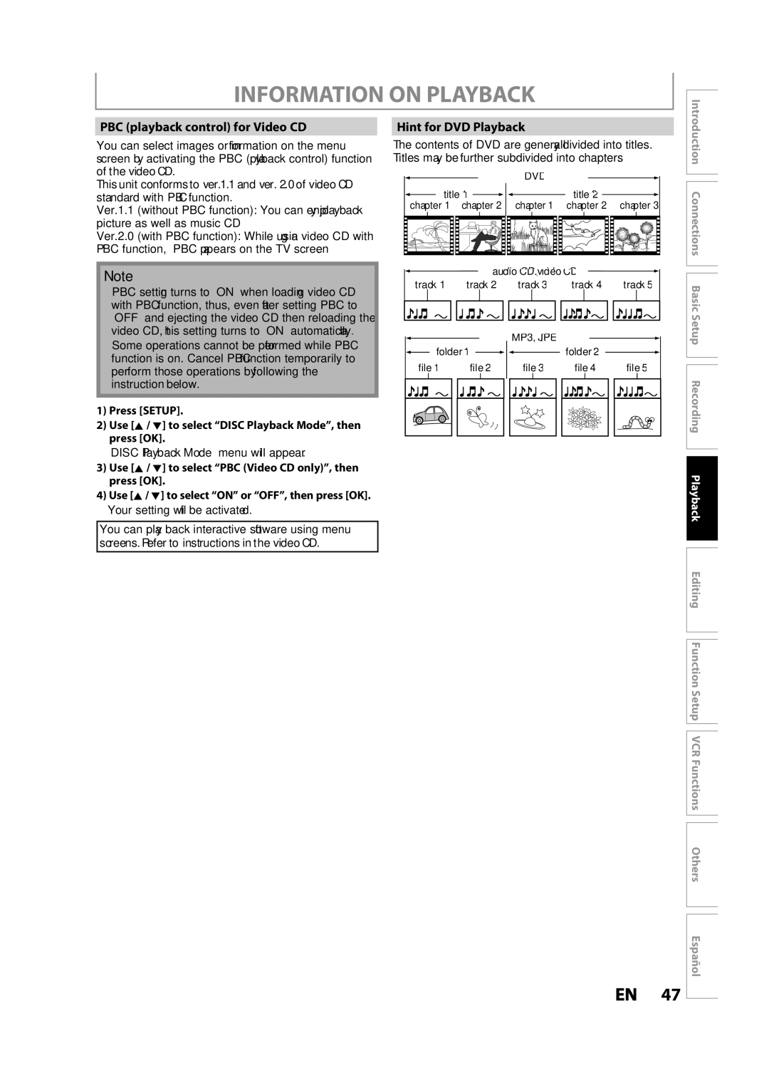 Magnavox ZV427MG9 owner manual Information on Playback, PBC playback control for Video CD, Hint for DVD Playback 