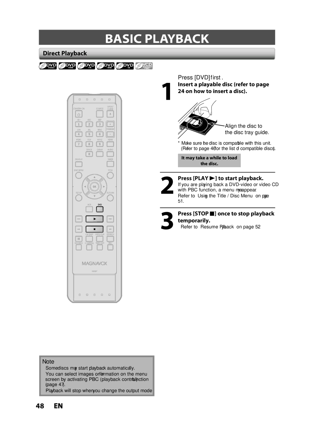 Magnavox ZV427MG9 Basic Playback, Direct Playback, Press Play B to start playback, Insert a playable disc refer to 