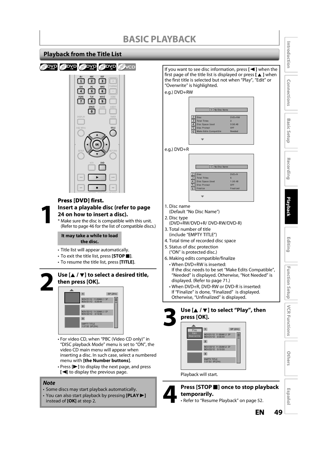 Magnavox ZV427MG9 owner manual Basic Playback, Playback from the Title List, Use K / L to select a desired title 