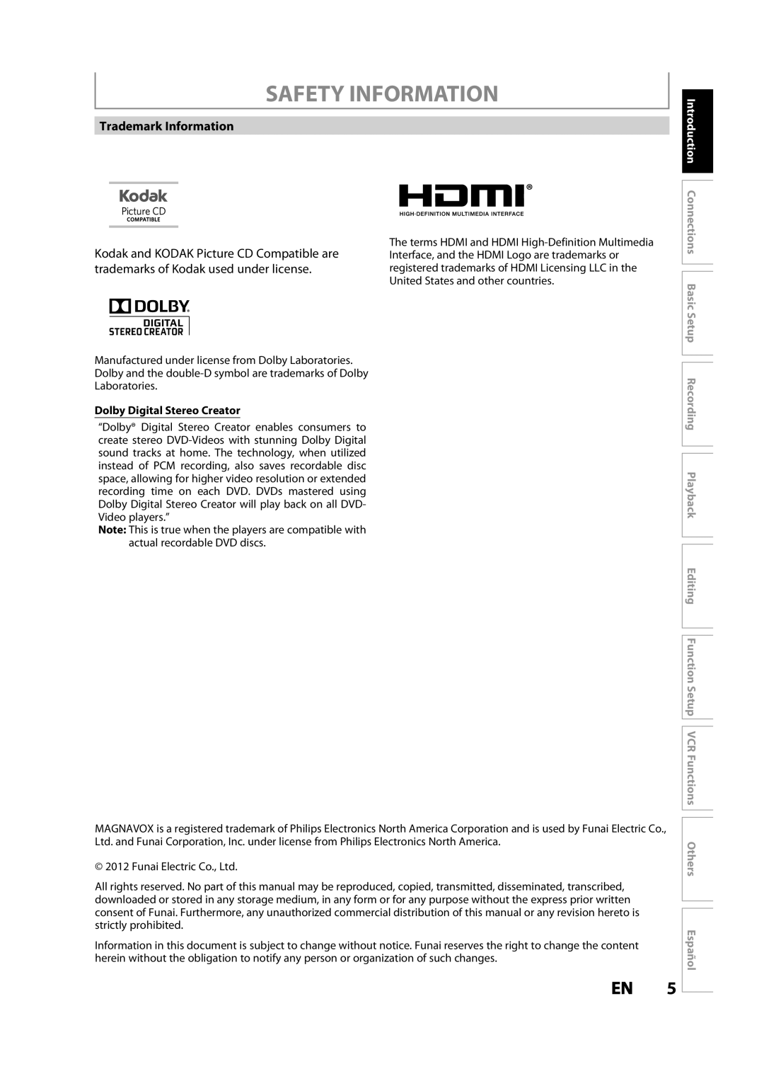 Magnavox ZV427MG9 owner manual Trademark Information, Introduction Connections, Dolby Digital Stereo Creator 