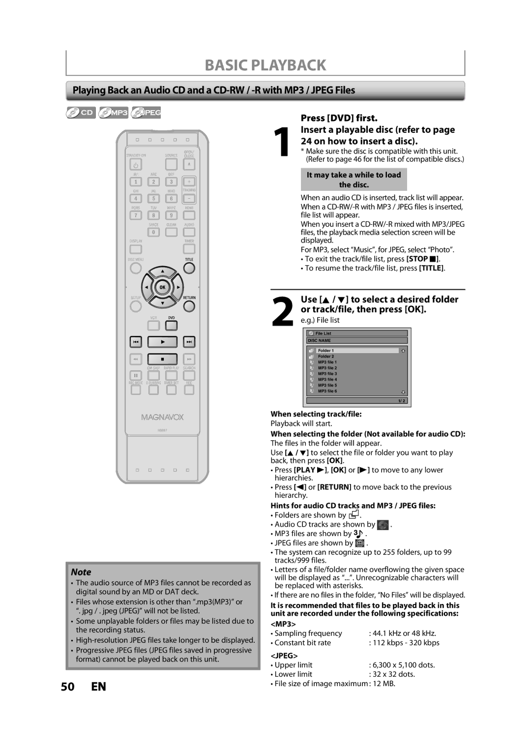 Magnavox ZV427MG9 owner manual When selecting track/file, Hints for audio CD tracks and MP3 / Jpeg files 