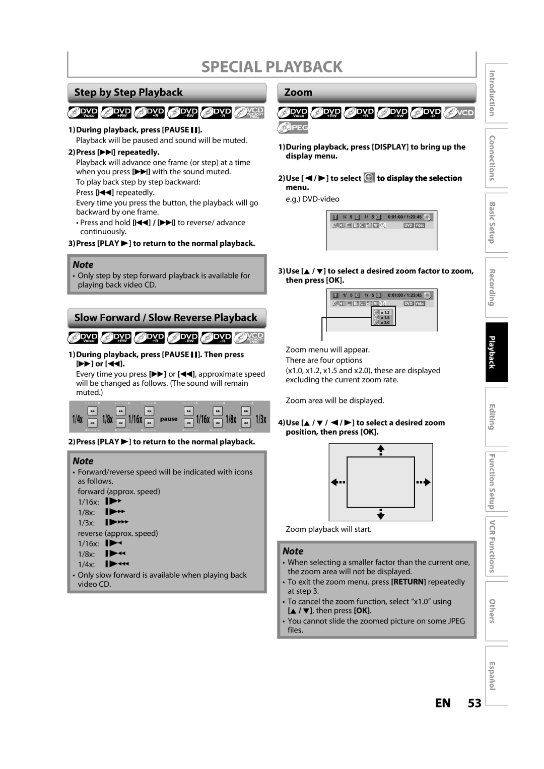 Magnavox ZV427MG9 owner manual Special Playback, Step by Step Playback, Slow Forward / Slow Reverse Playback, Zoom 