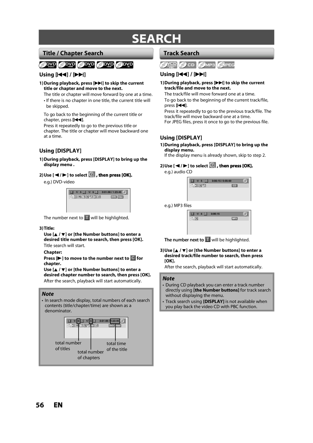 Magnavox ZV427MG9 owner manual Title / Chapter Search, Using H / G, Using Display, Use / B to select e.g. audio CD 