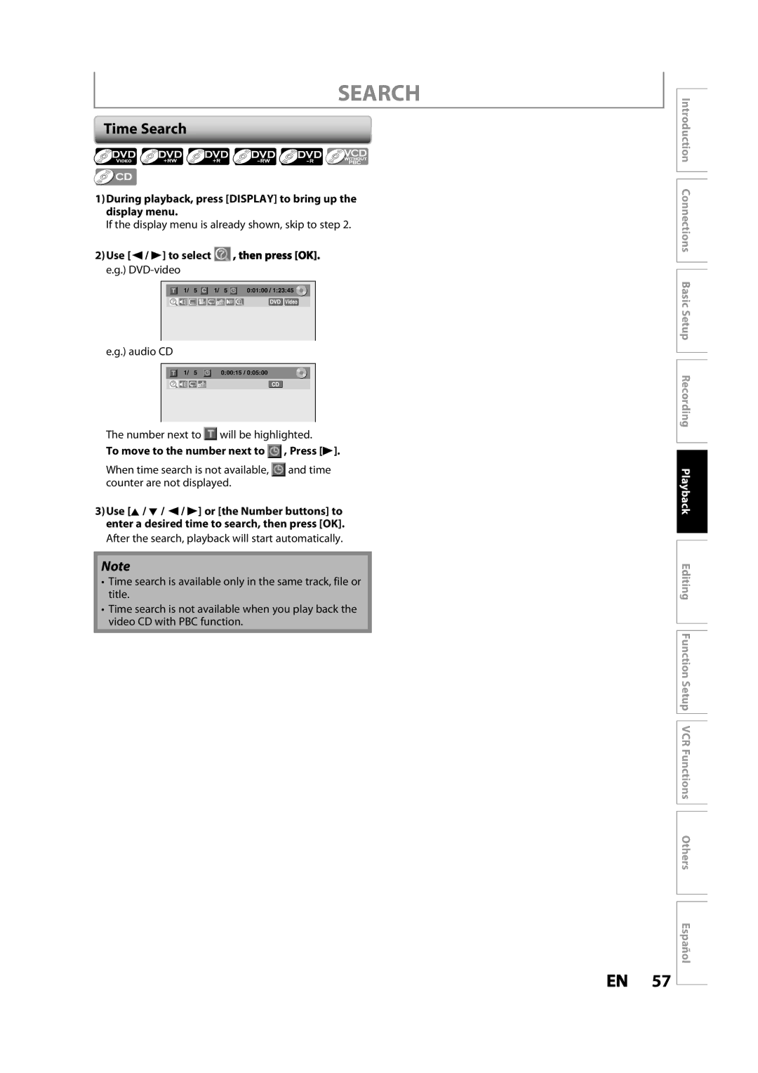 Magnavox ZV427MG9 Time Search, Use / B to select e.g. DVD-video, Audio CD, To move to the number next to , Press B 