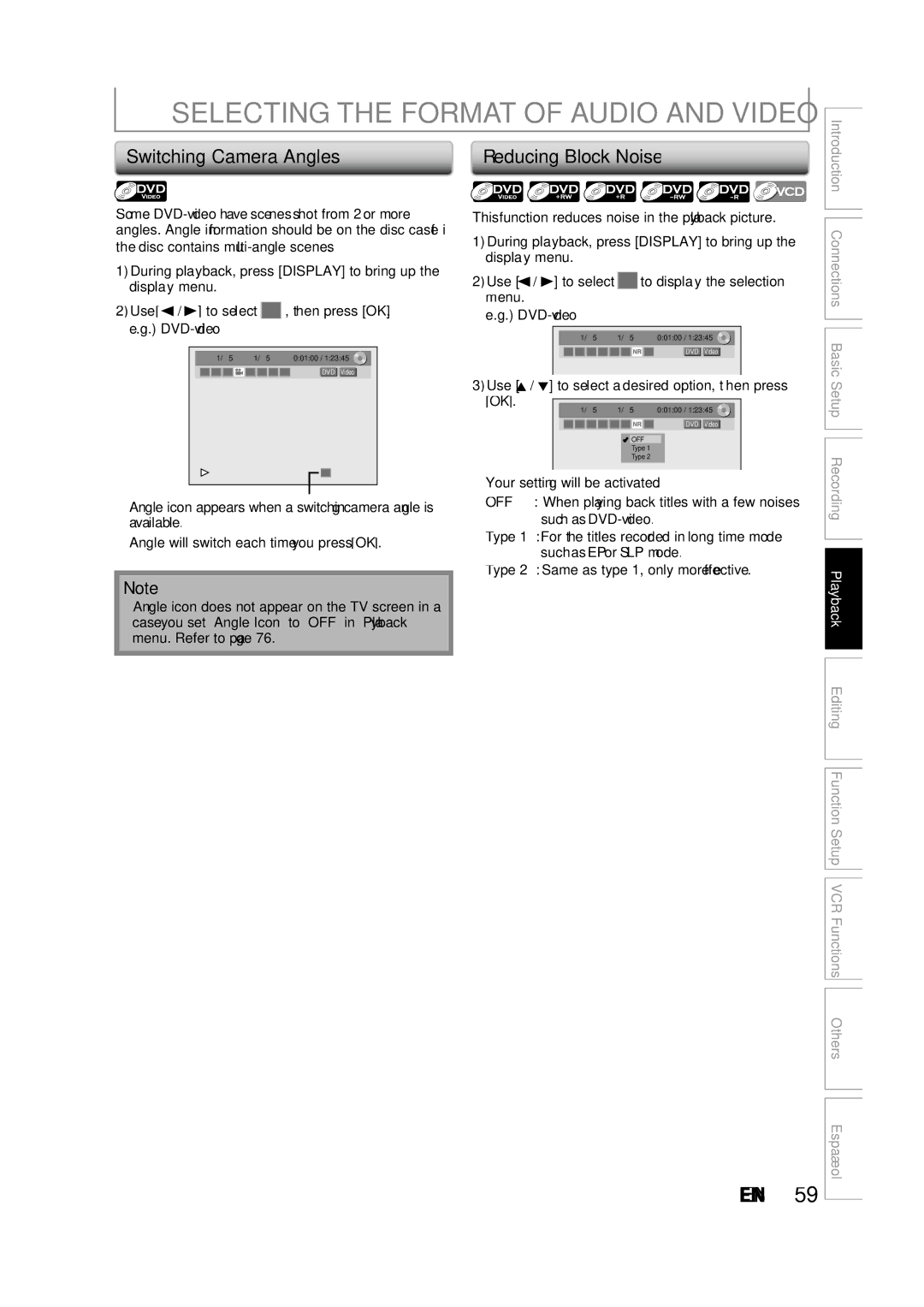 Magnavox ZV427MG9 owner manual Selecting the Format of Audio and Video, Switching Camera Angles, Reducing Block Noise 