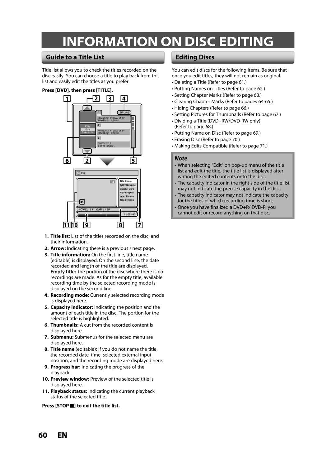 Magnavox ZV427MG9 Information on Disc Editing, Guide to a Title List, Editing Discs, Press DVD, then press Title 