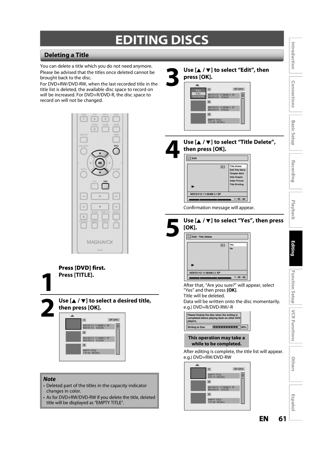 Magnavox ZV427MG9 owner manual Editing Discs, Deleting a Title, Press DVD first Press Title, Use K / L to select Edit, then 