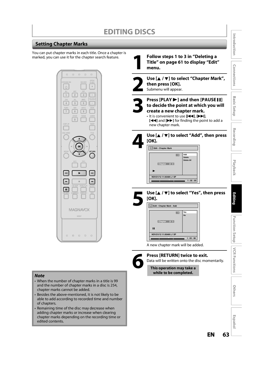 Magnavox ZV427MG9 owner manual Setting Chapter Marks, Use K / L to select Add, then press, Submenu will appear 