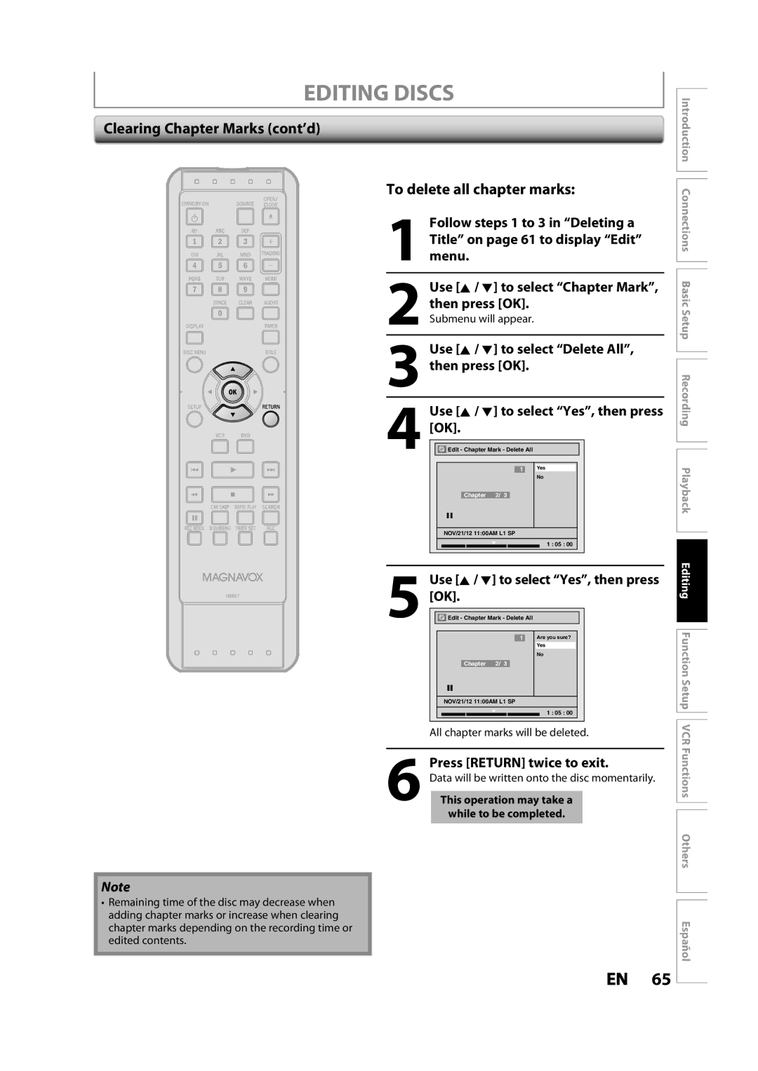 Magnavox ZV427MG9 owner manual Clearing Chapter Marks cont’d, To delete all chapter marks, Use K / L to select Delete All 