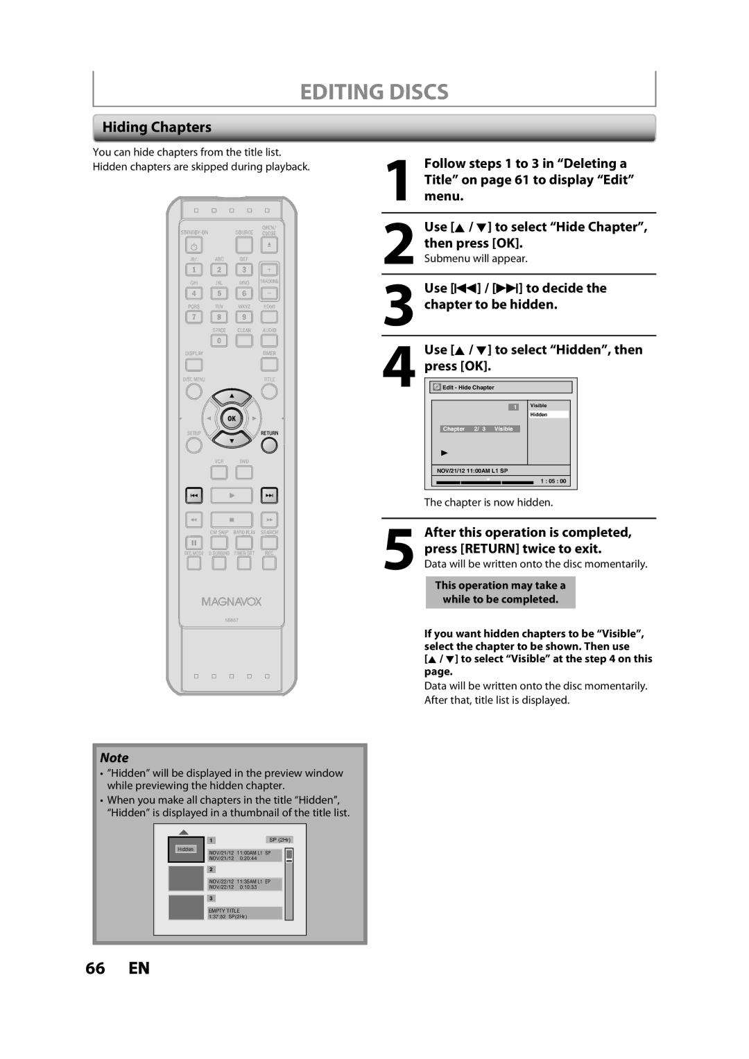 Magnavox ZV427MG9 owner manual Hiding Chapters, After this operation is completed, Chapter is now hidden 