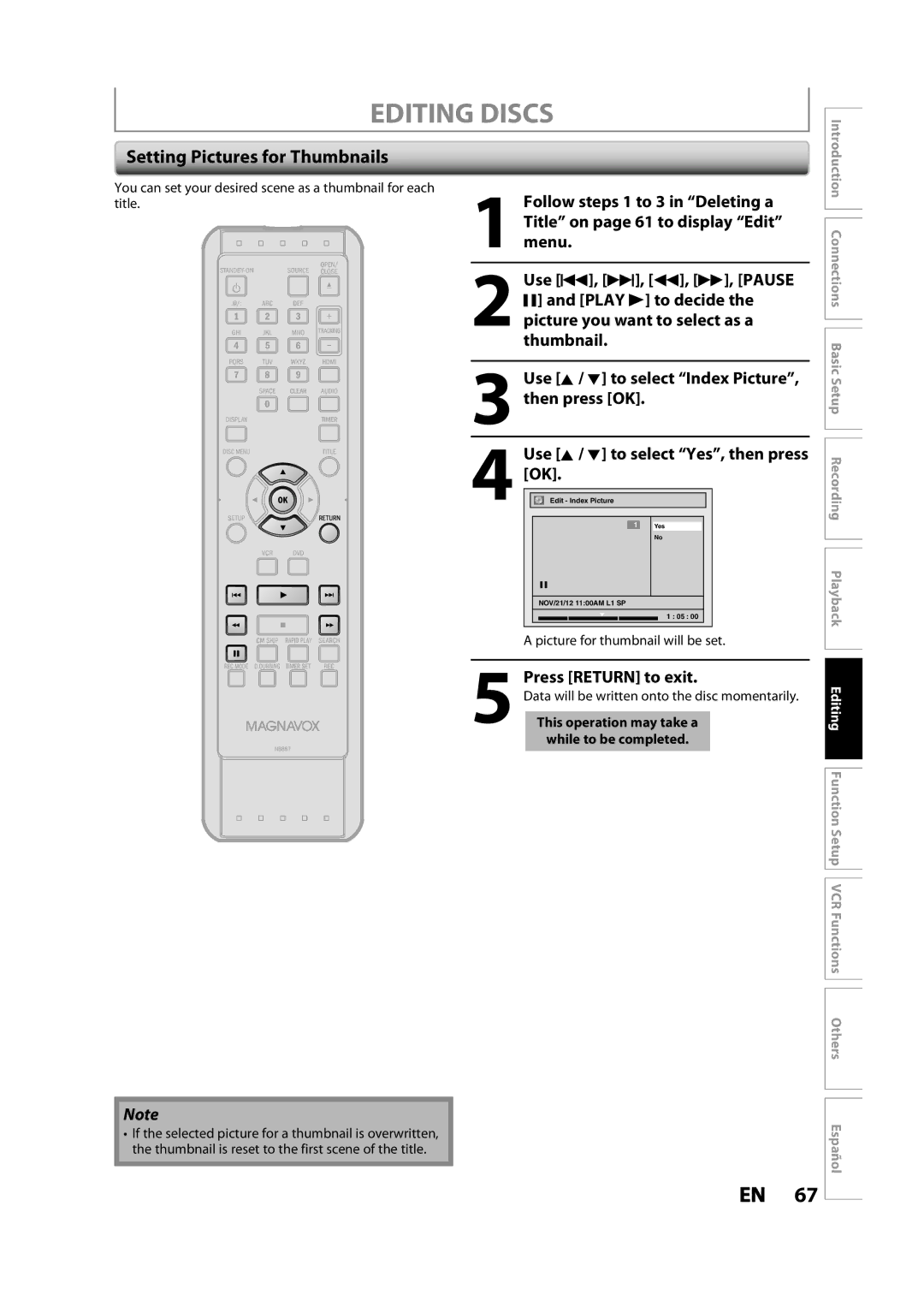 Magnavox ZV427MG9 Setting Pictures for Thumbnails, Use K / L to select Index Picture, Picture for thumbnail will be set 