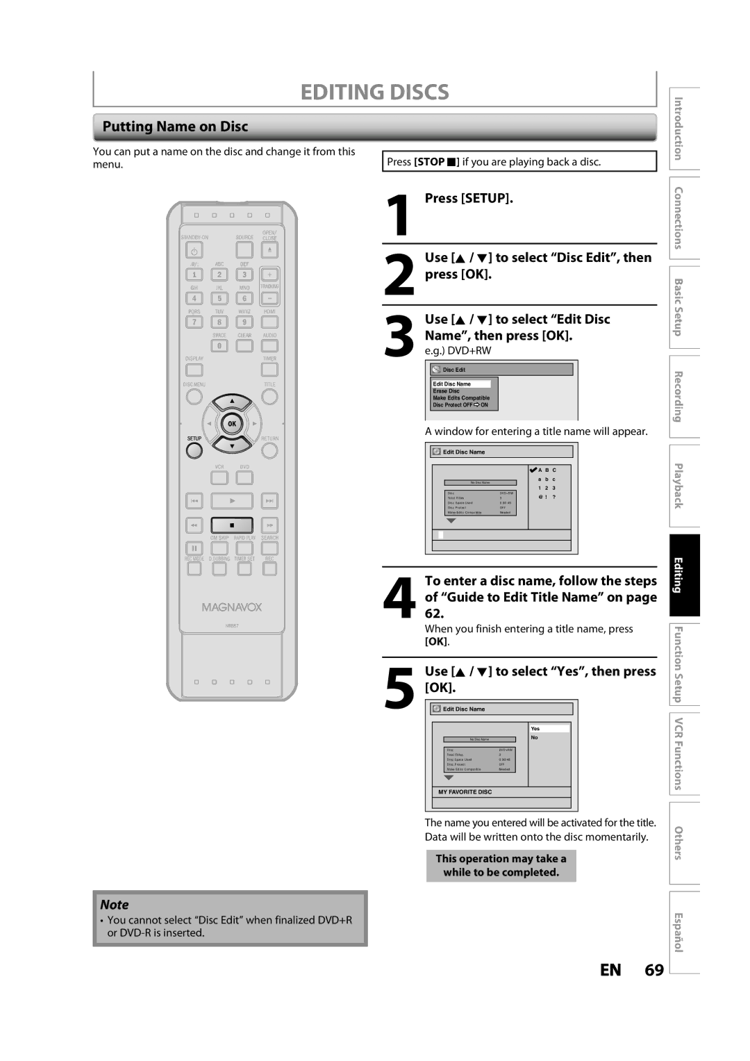 Magnavox ZV427MG9 owner manual Putting Name on Disc, Use K / L to select Edit Disc, To enter a disc name, follow the steps 