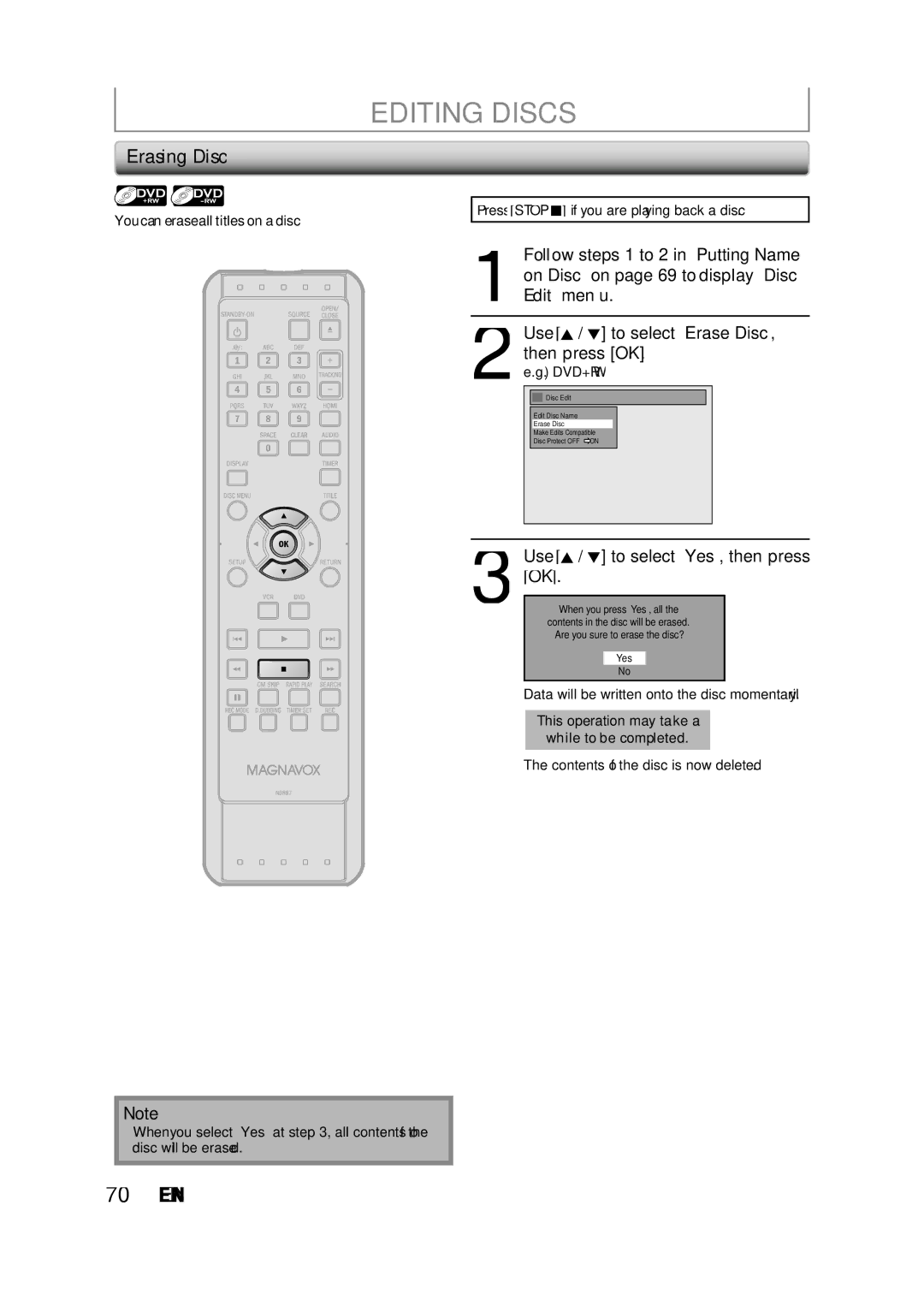 Magnavox ZV427MG9 owner manual Erasing Disc, Dvd+Rw 