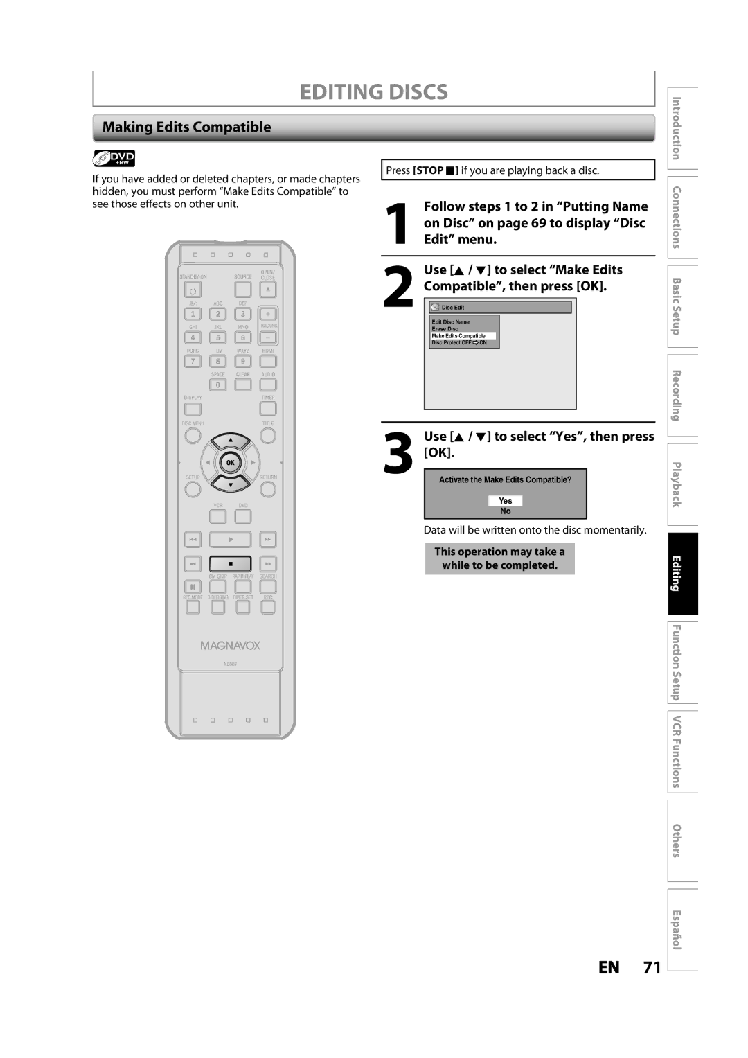 Magnavox ZV427MG9 owner manual Making Edits Compatible 