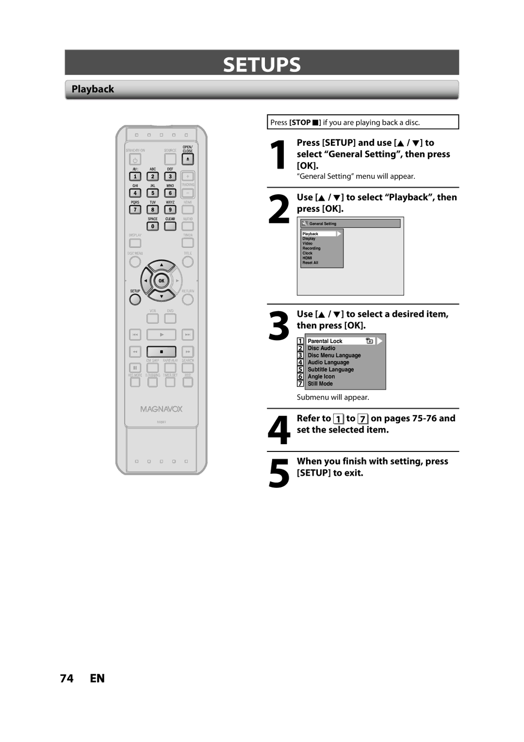 Magnavox ZV427MG9 owner manual Setups, Use K / L to select Playback, then press OK 