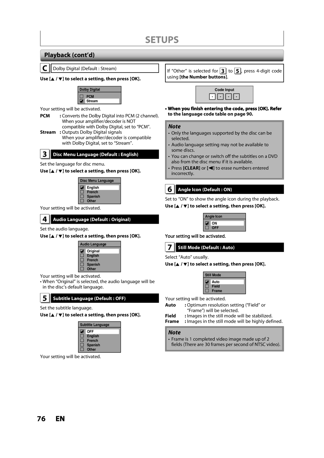 Magnavox ZV427MG9 Disc Menu Language Default English, Audio Language Default Original, Subtitle Language Default OFF 