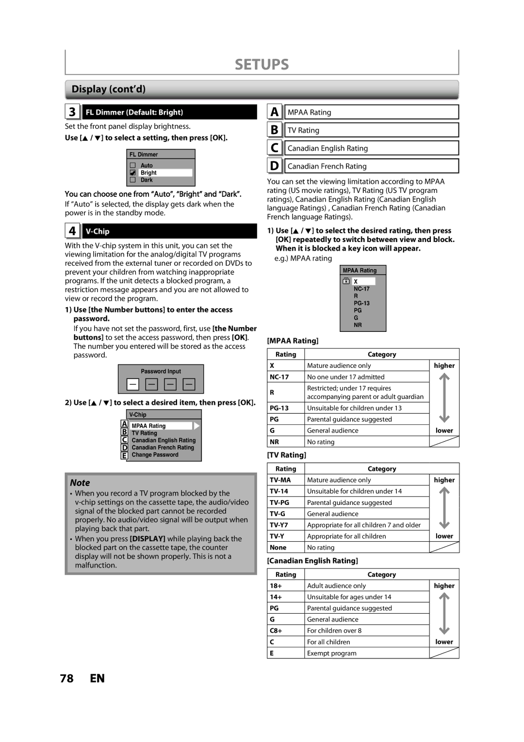 Magnavox ZV427MG9 owner manual Display cont’d, FL Dimmer Default Bright, Chip 