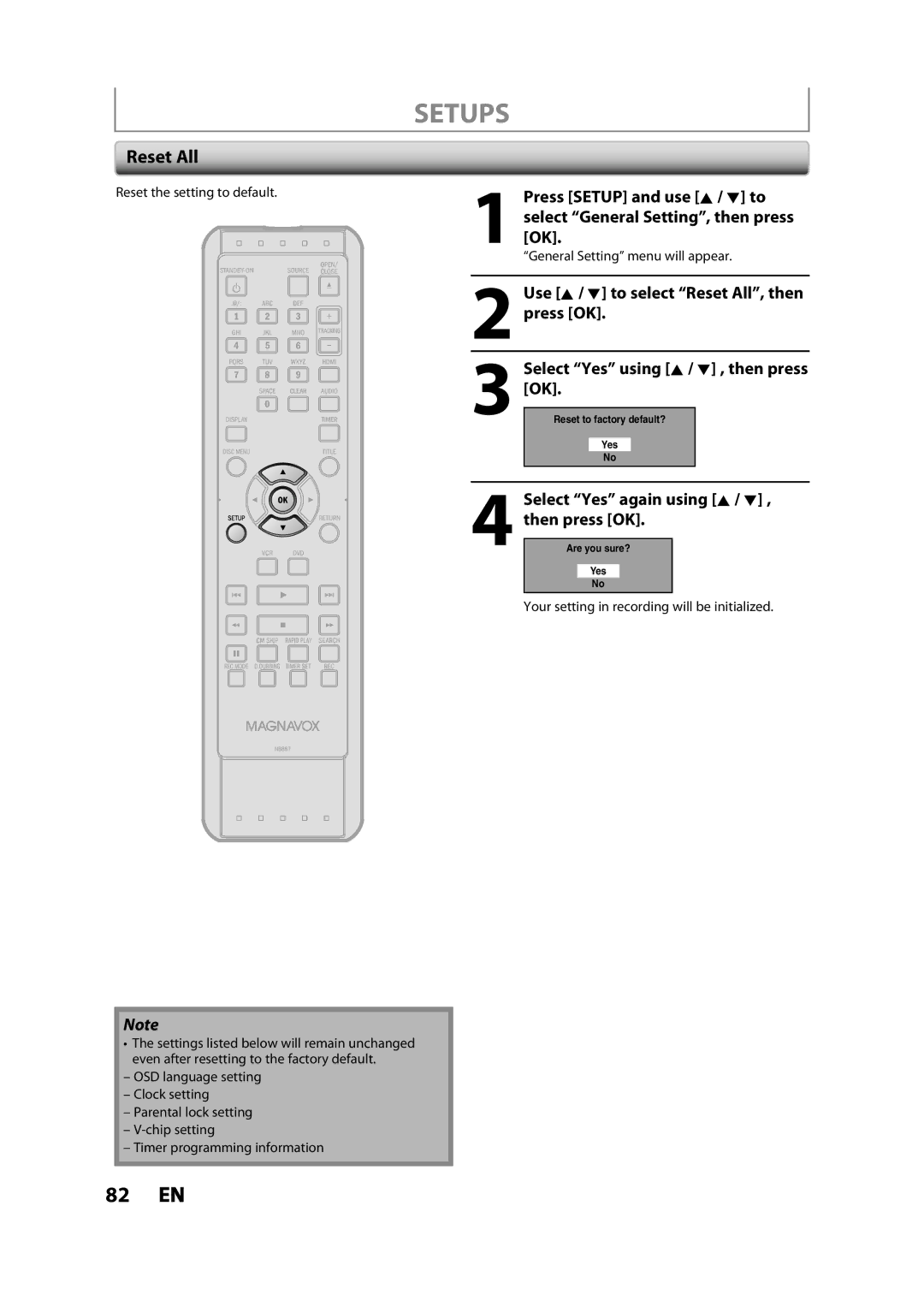 Magnavox ZV427MG9 owner manual Select Yes again using K / L, Use K / L to select Reset All, then 