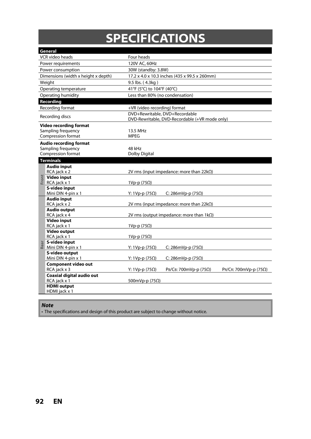 Magnavox ZV427MG9 owner manual Specifications, General, Recording, Terminals 