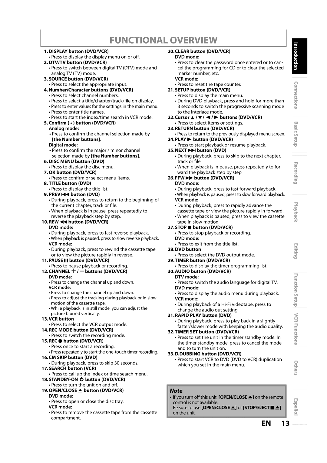 Magnavox ZV450MW8A Display button DVD/VCR, DTV/TV button DVD/VCR, Number/Character buttons DVD/VCR, Disc Menu button DVD 