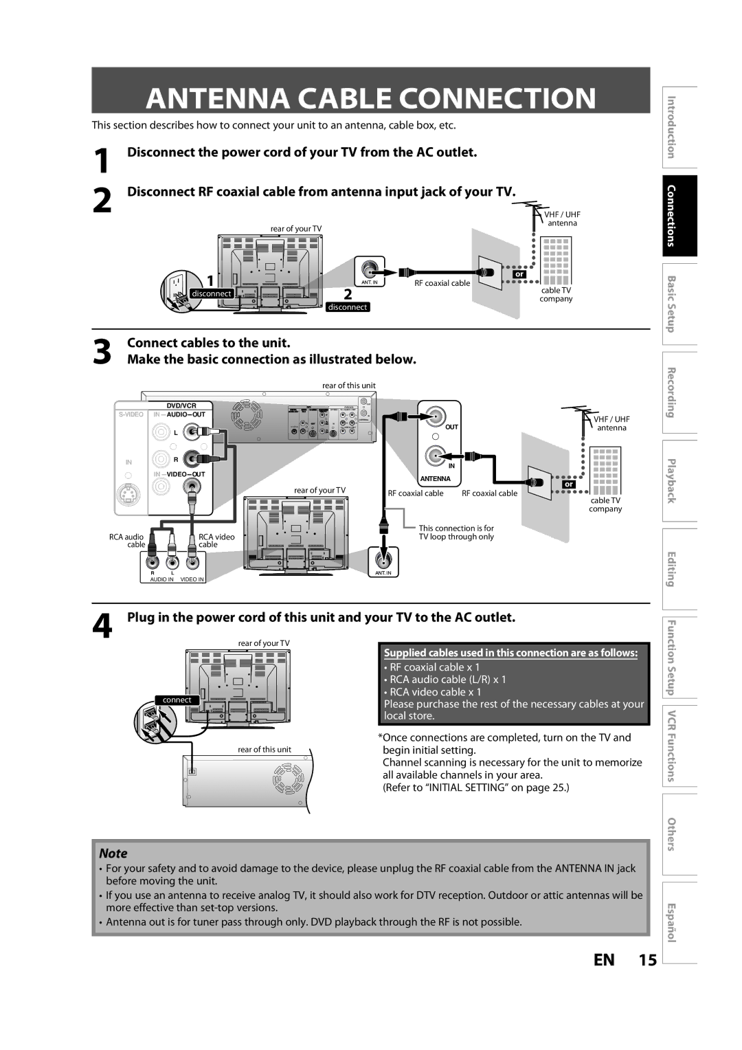 Magnavox ZV450MW8A owner manual Antenna Cable Connection, Supplied cables used in this connection are as follows 