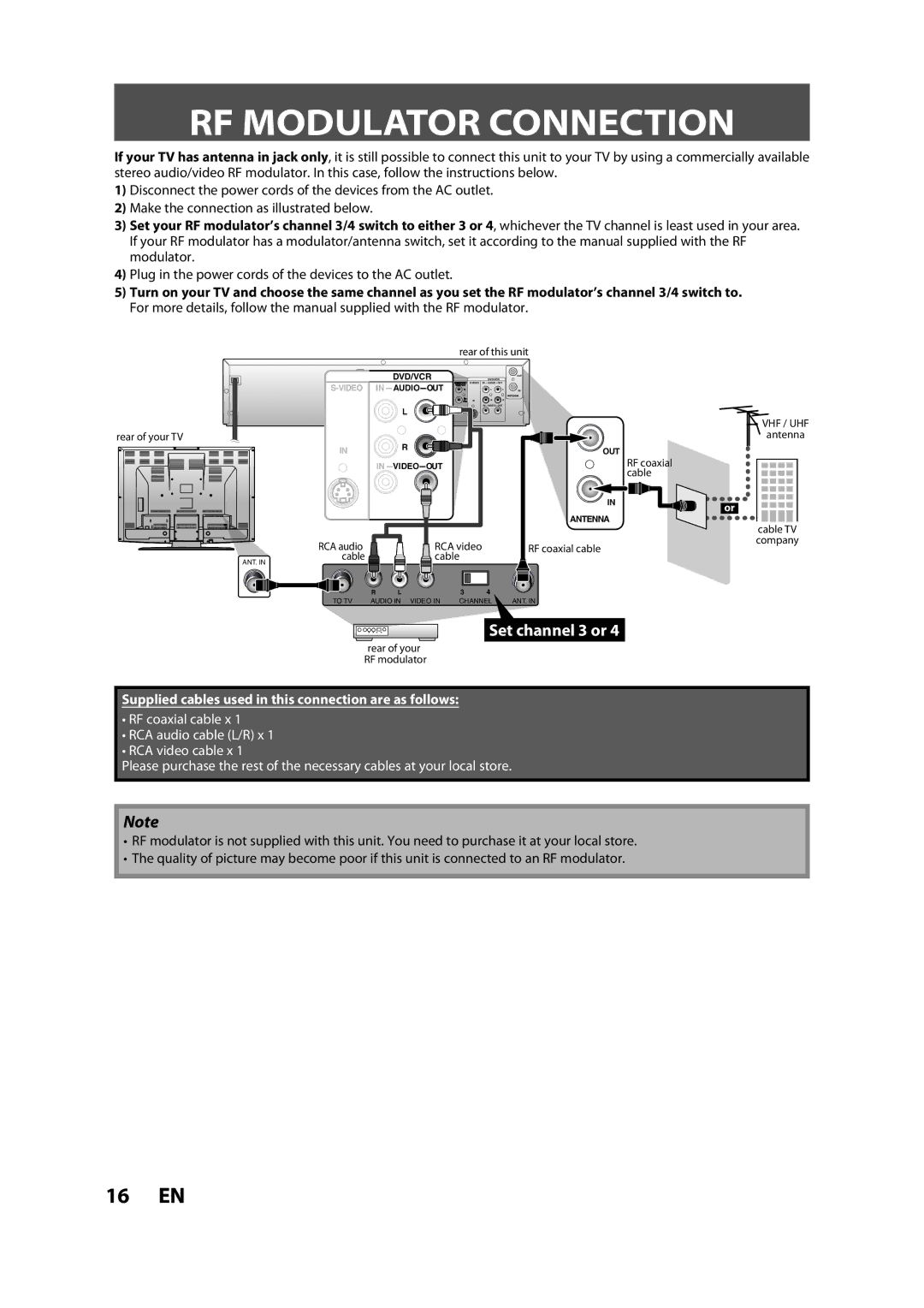 Magnavox ZV450MW8A owner manual RF Modulator Connection, Plug in the power cords of the devices to the AC outlet 