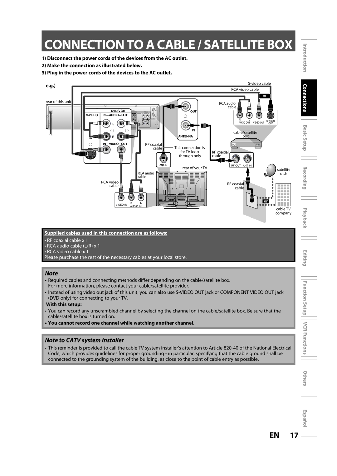 Magnavox ZV450MW8A owner manual With this setup, You cannot record one channel while watching another channel 