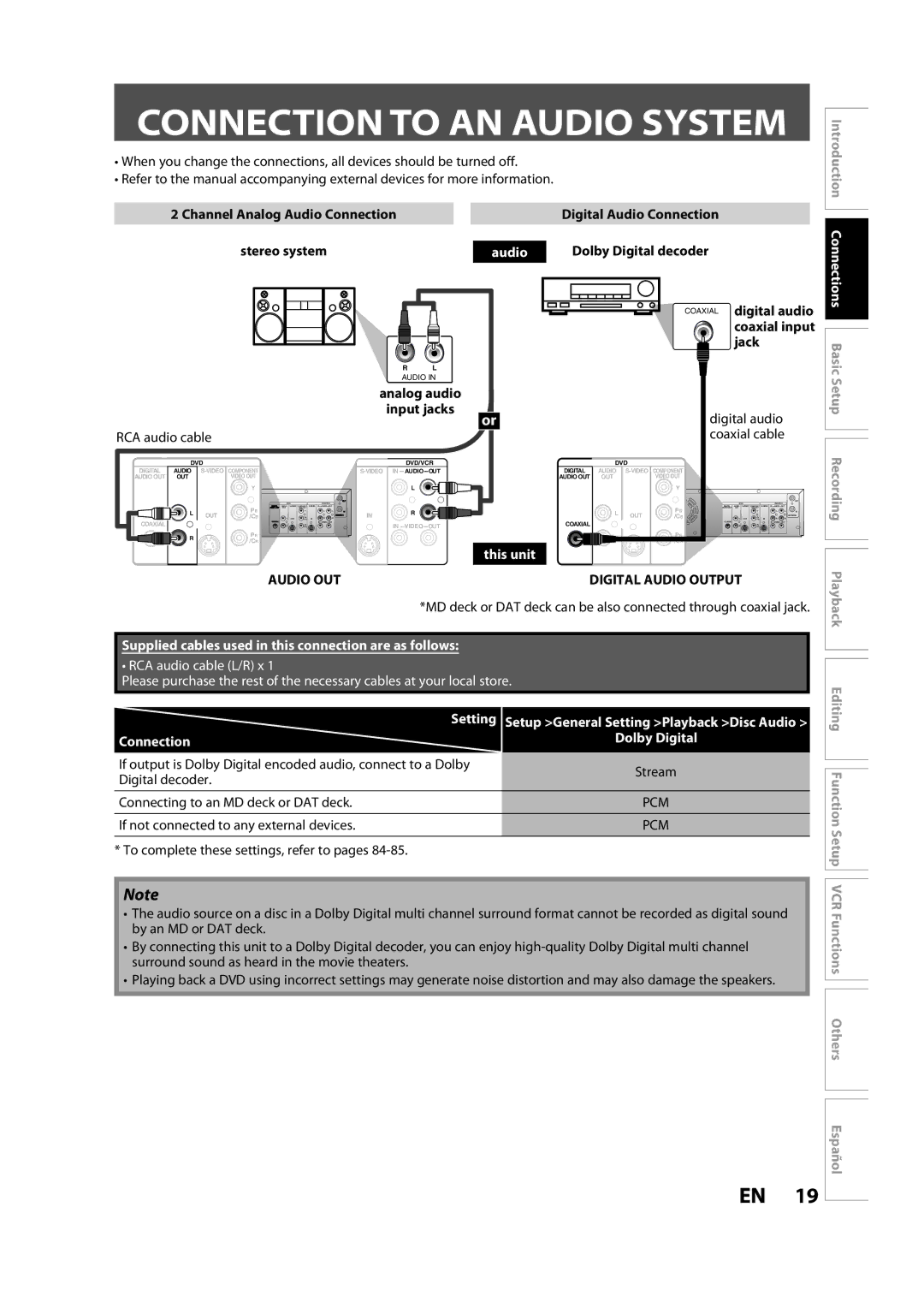 Magnavox ZV450MW8A owner manual Connection to AN Audio System, Setting, Connection Dolby Digital 