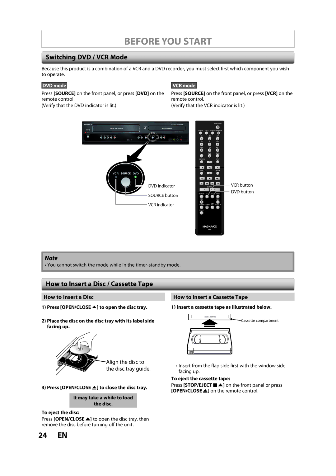 Magnavox ZV450MW8A Switching DVD / VCR Mode, How to Insert a Disc / Cassette Tape, How to Insert a Cassette Tape 