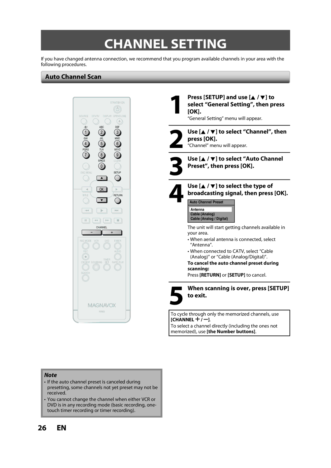 Magnavox ZV450MW8A owner manual Channel Setting, Auto Channel Scan, When scanning is over, press Setup to exit, Scanning 