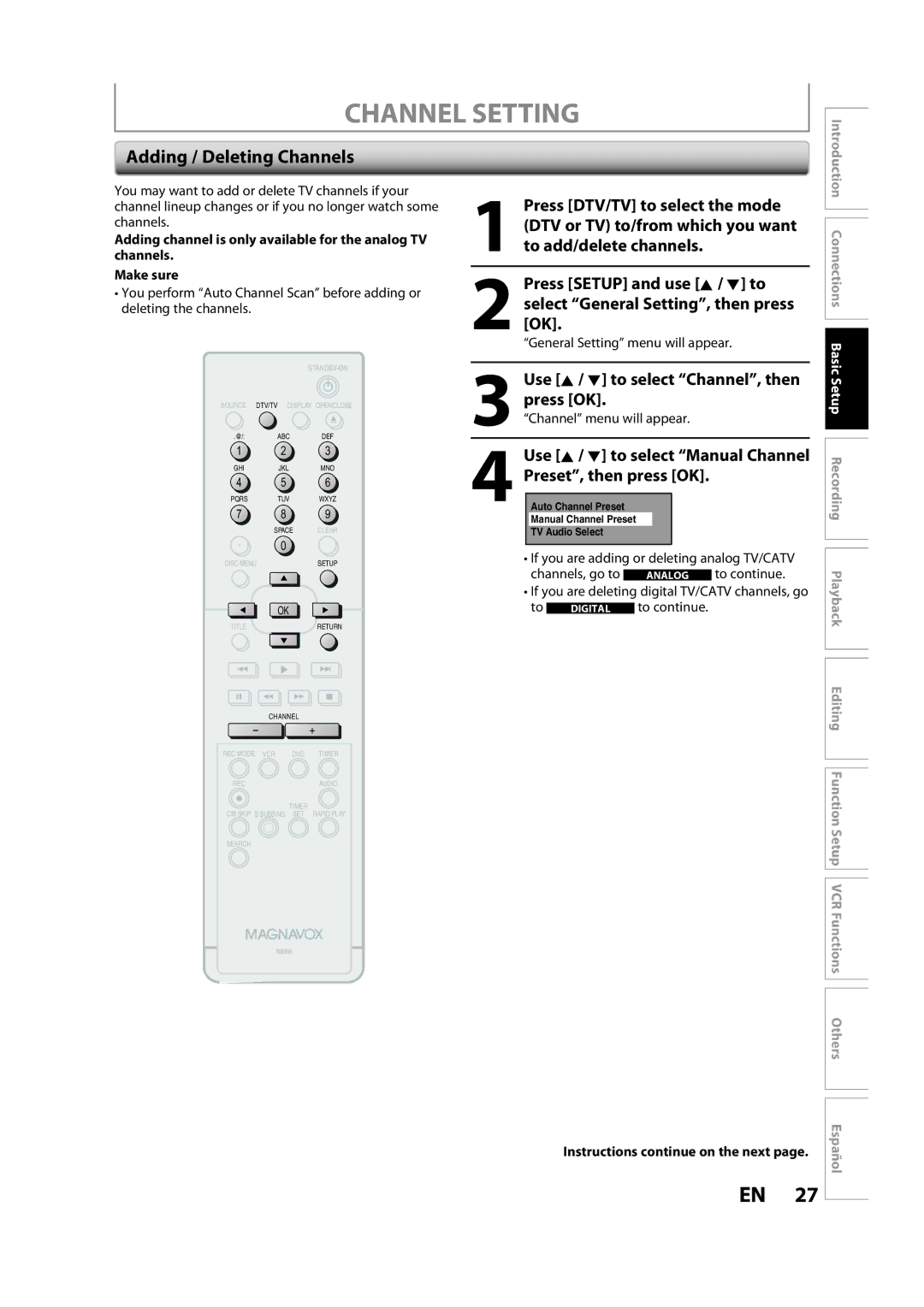 Magnavox ZV450MW8A owner manual Channel Setting, Adding / Deleting Channels, Use K / L to select Channel, then press OK 