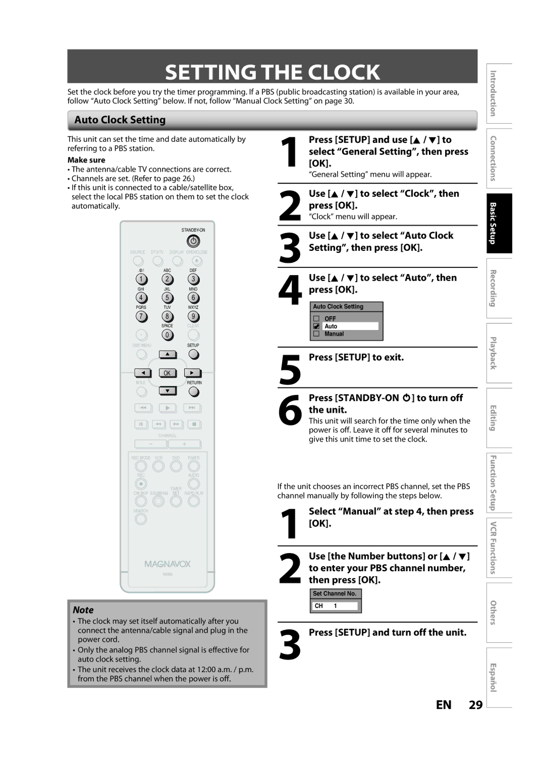 Magnavox ZV450MW8A owner manual Setting the Clock, Auto Clock Setting 