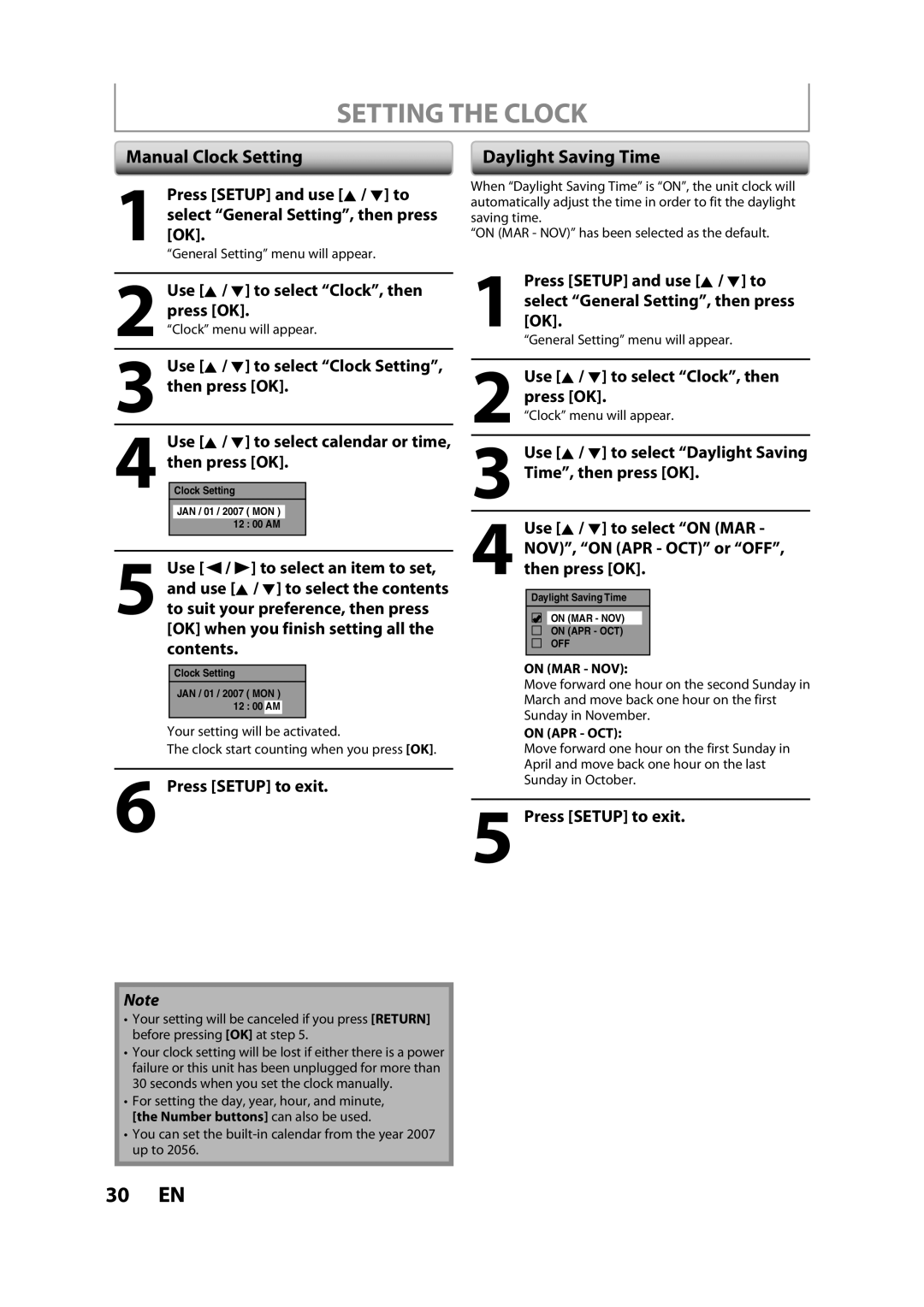 Magnavox ZV450MW8A owner manual Setting the Clock, Manual Clock Setting, Daylight Saving Time 