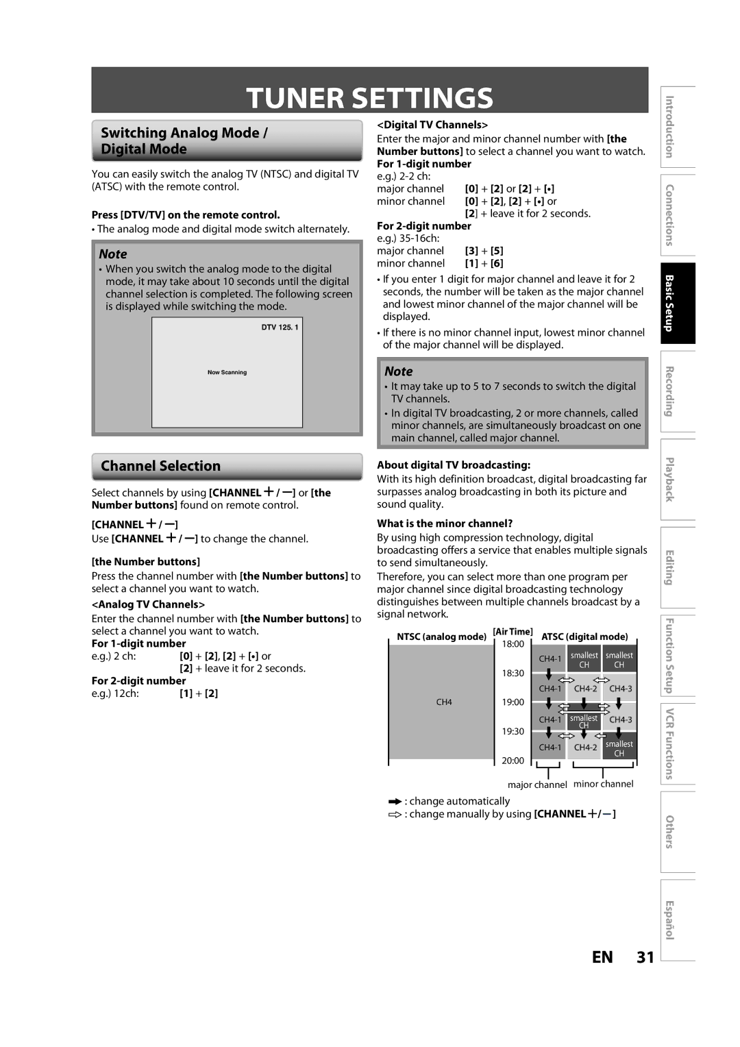 Magnavox ZV450MW8A owner manual Tuner Settings, Switching Analog Mode Digital Mode, Channel Selection 