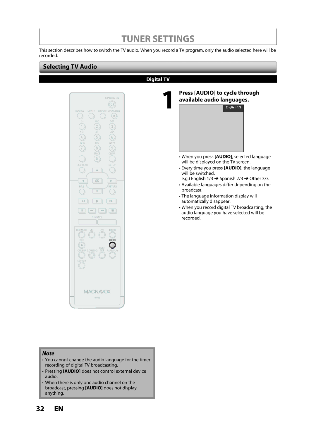 Magnavox ZV450MW8A owner manual Tuner Settings, Selecting TV Audio 