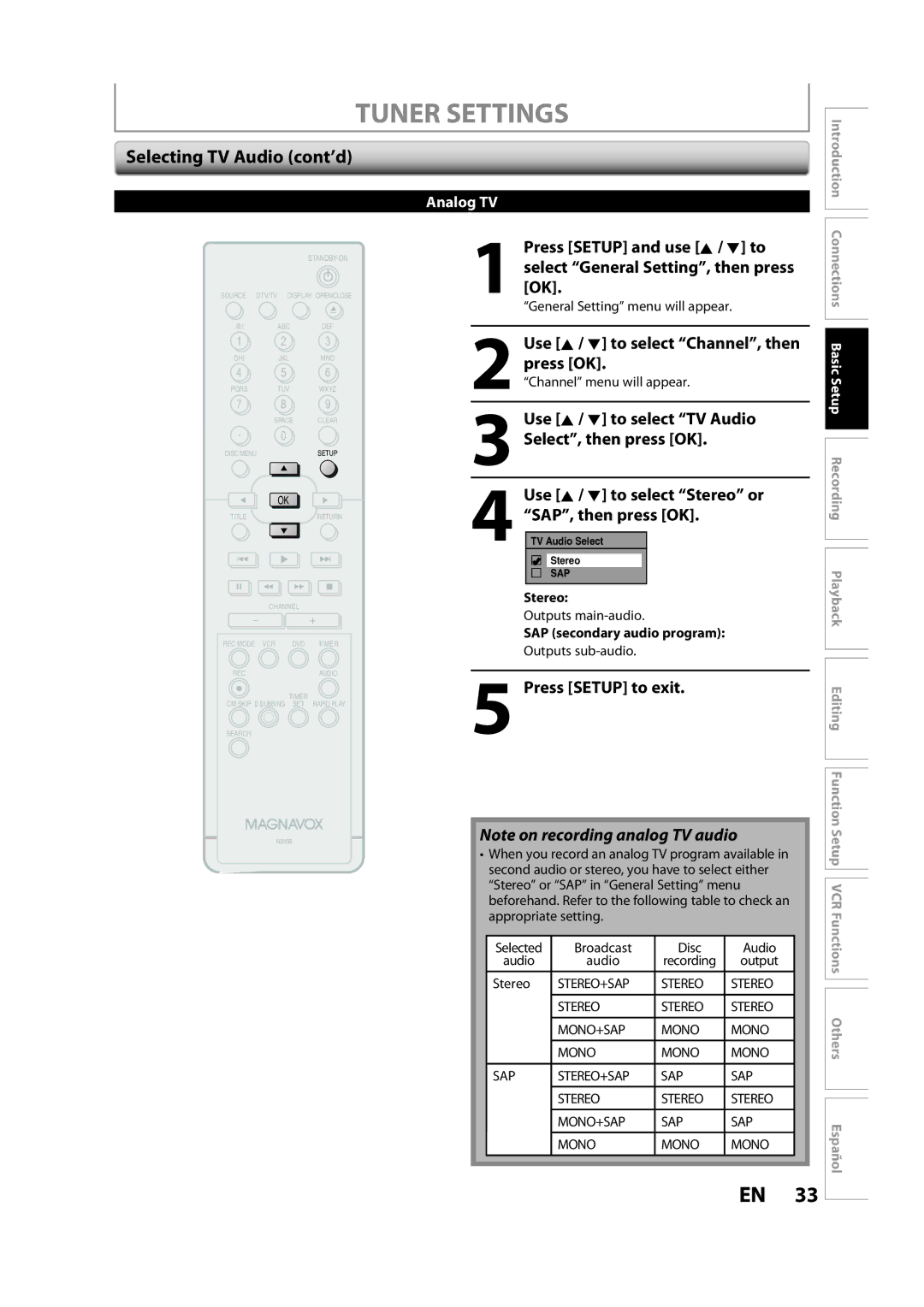 Magnavox ZV450MW8A owner manual Selecting TV Audio cont’d, Stereo, SAP secondary audio program 