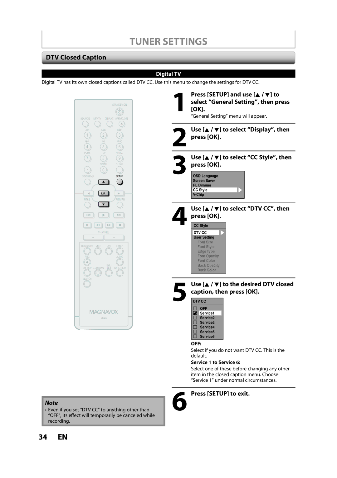 Magnavox ZV450MW8A owner manual DTV Closed Caption, Use K / L to select DTV CC, then press OK, Service 1 to Service 