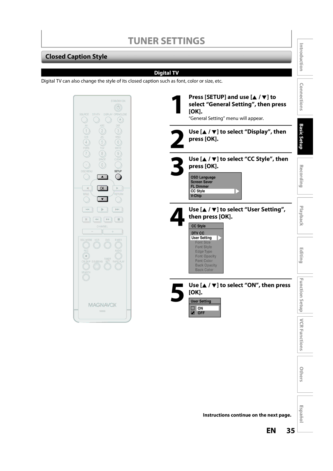 Magnavox ZV450MW8A owner manual Closed Caption Style, Use K / L to select User Setting, then press OK 