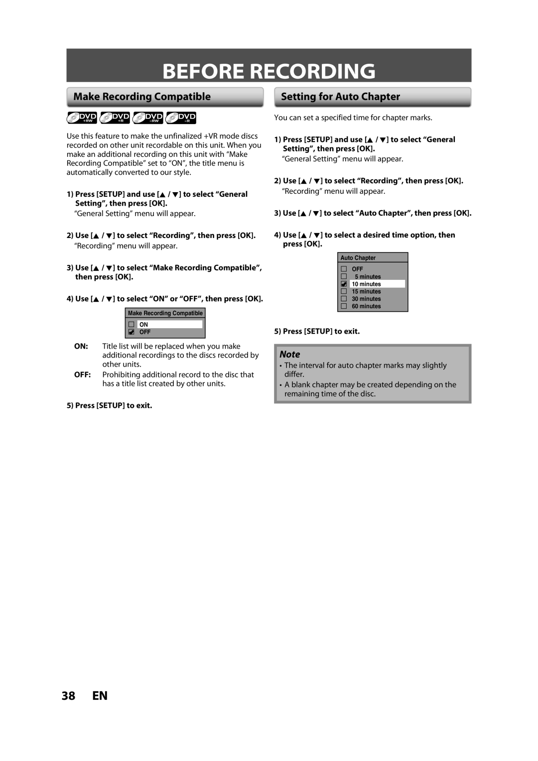 Magnavox ZV450MW8A owner manual Before Recording, Make Recording Compatible, Setting for Auto Chapter, Press Setup to exit 