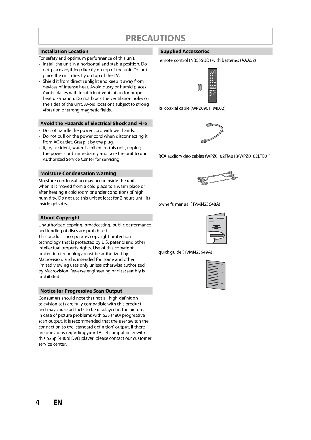 Magnavox ZV450MW8A owner manual Installation Location, Supplied Accessories, Avoid the Hazards of Electrical Shock and Fire 