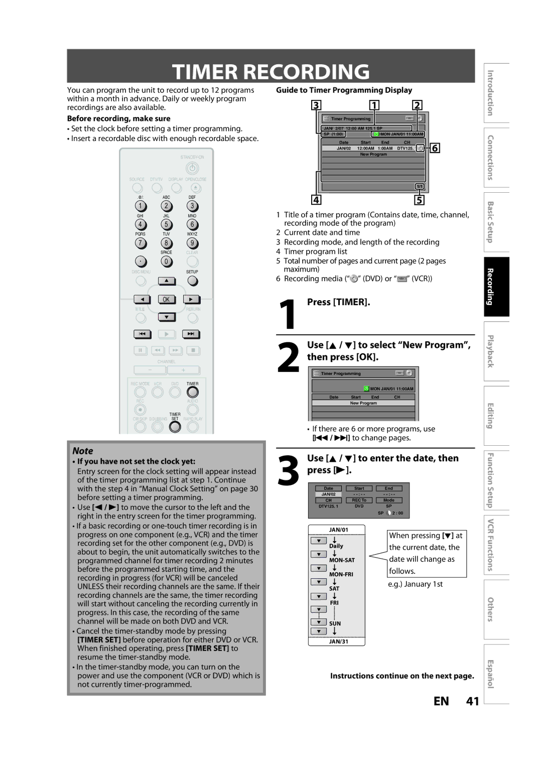 Magnavox ZV450MW8A owner manual Timer Recording, Press Timer, Use K / L to enter the date, then press B 