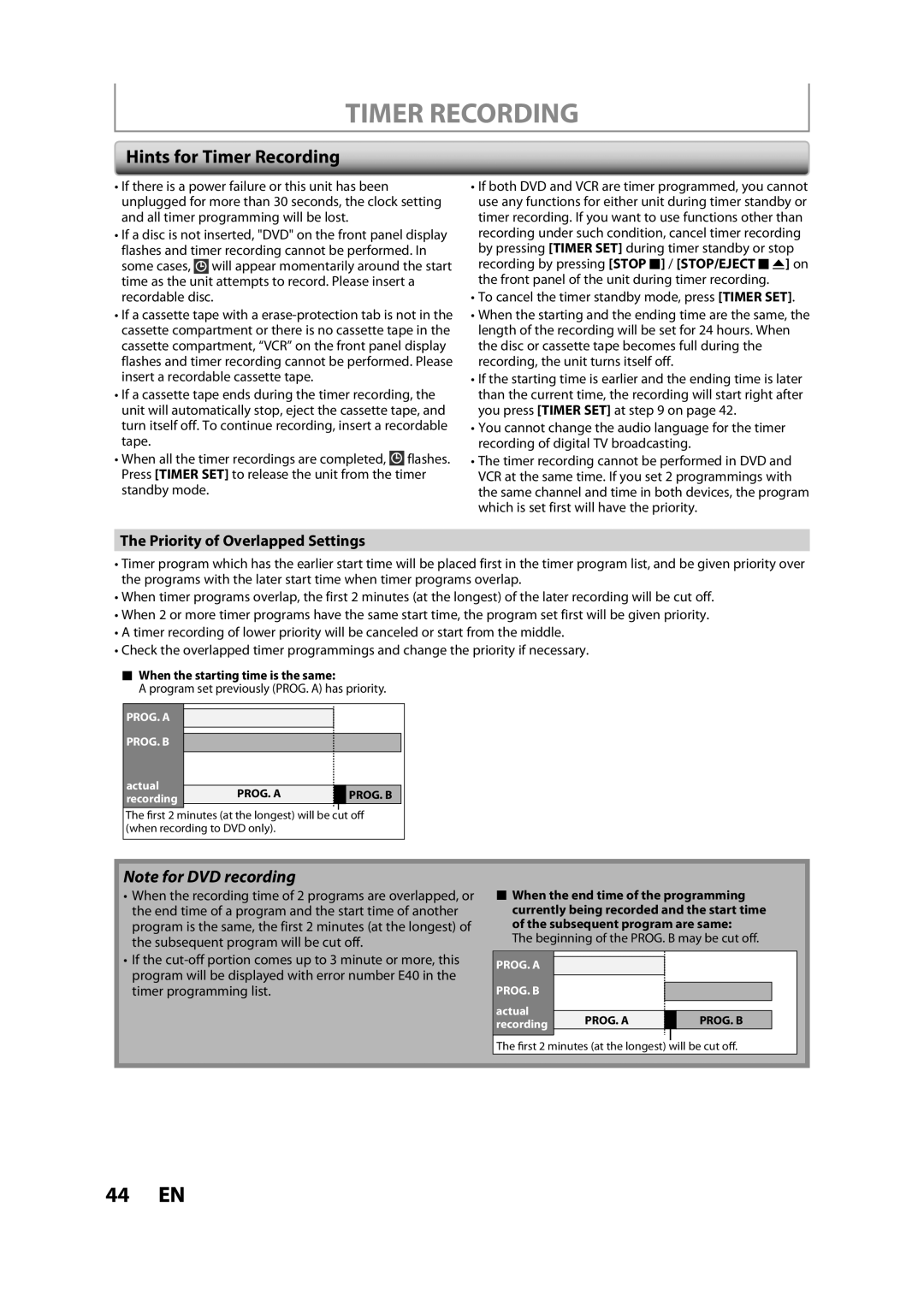 Magnavox ZV450MW8A owner manual Hints for Timer Recording, Priority of Overlapped Settings 