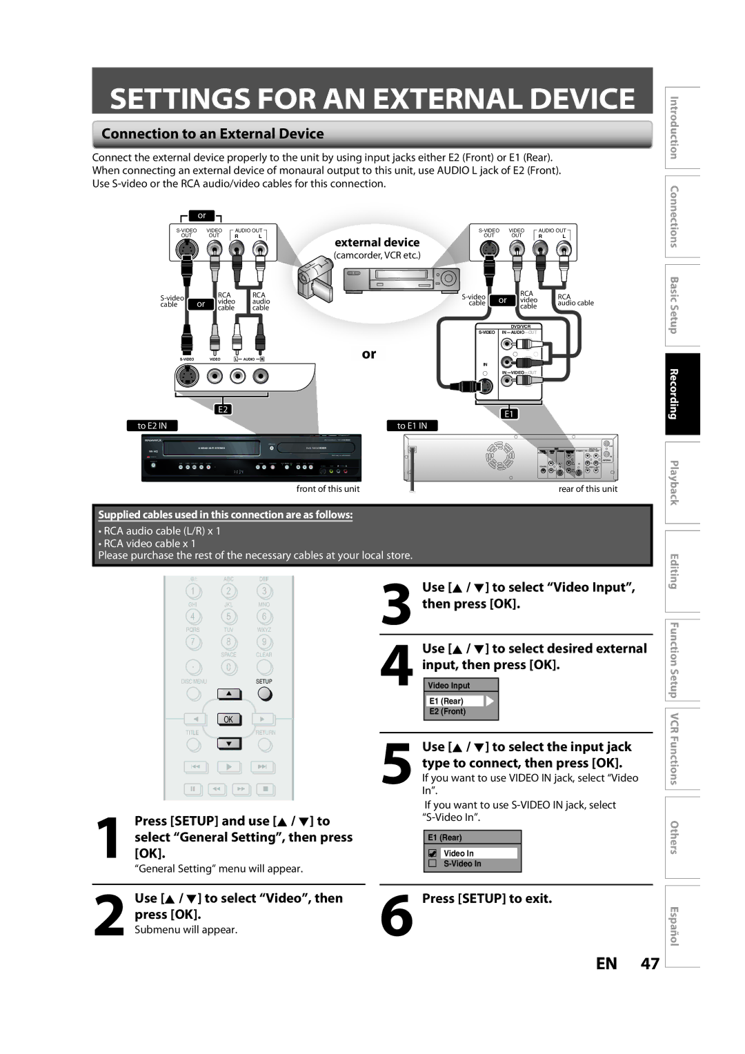 Magnavox ZV450MW8A owner manual Settings for AN External Device, Connection to an External Device, External device 