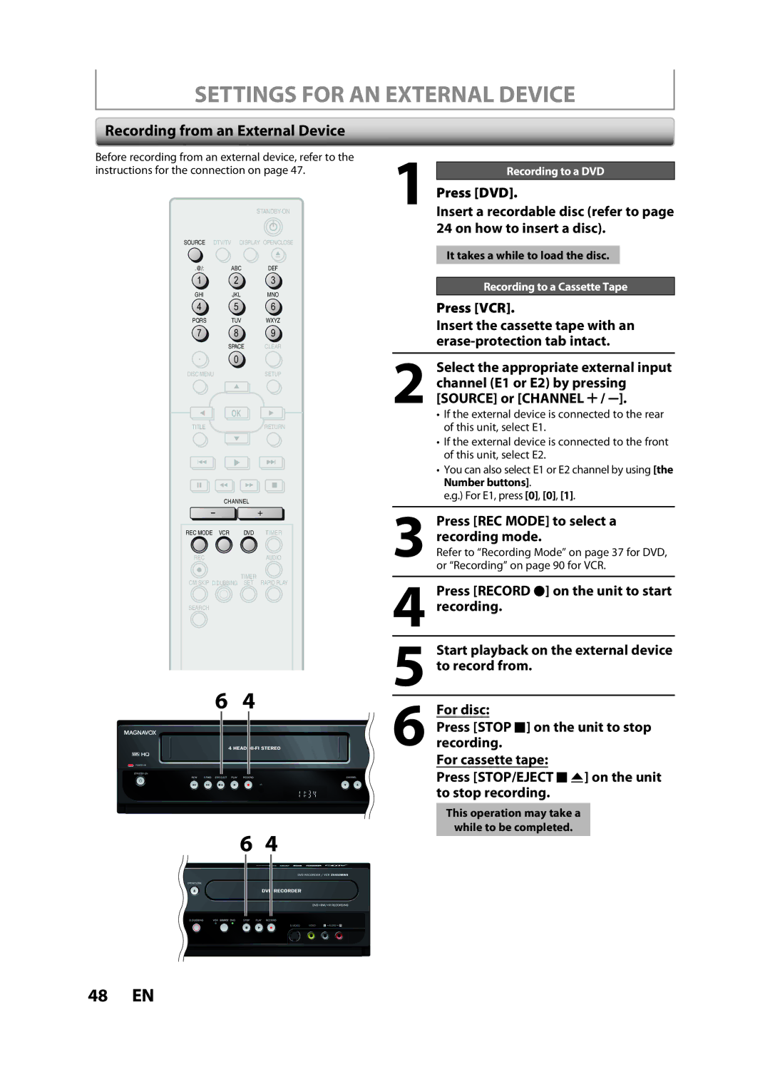 Magnavox ZV450MW8A owner manual Settings for AN External Device, Recording from an External Device, Press VCR 