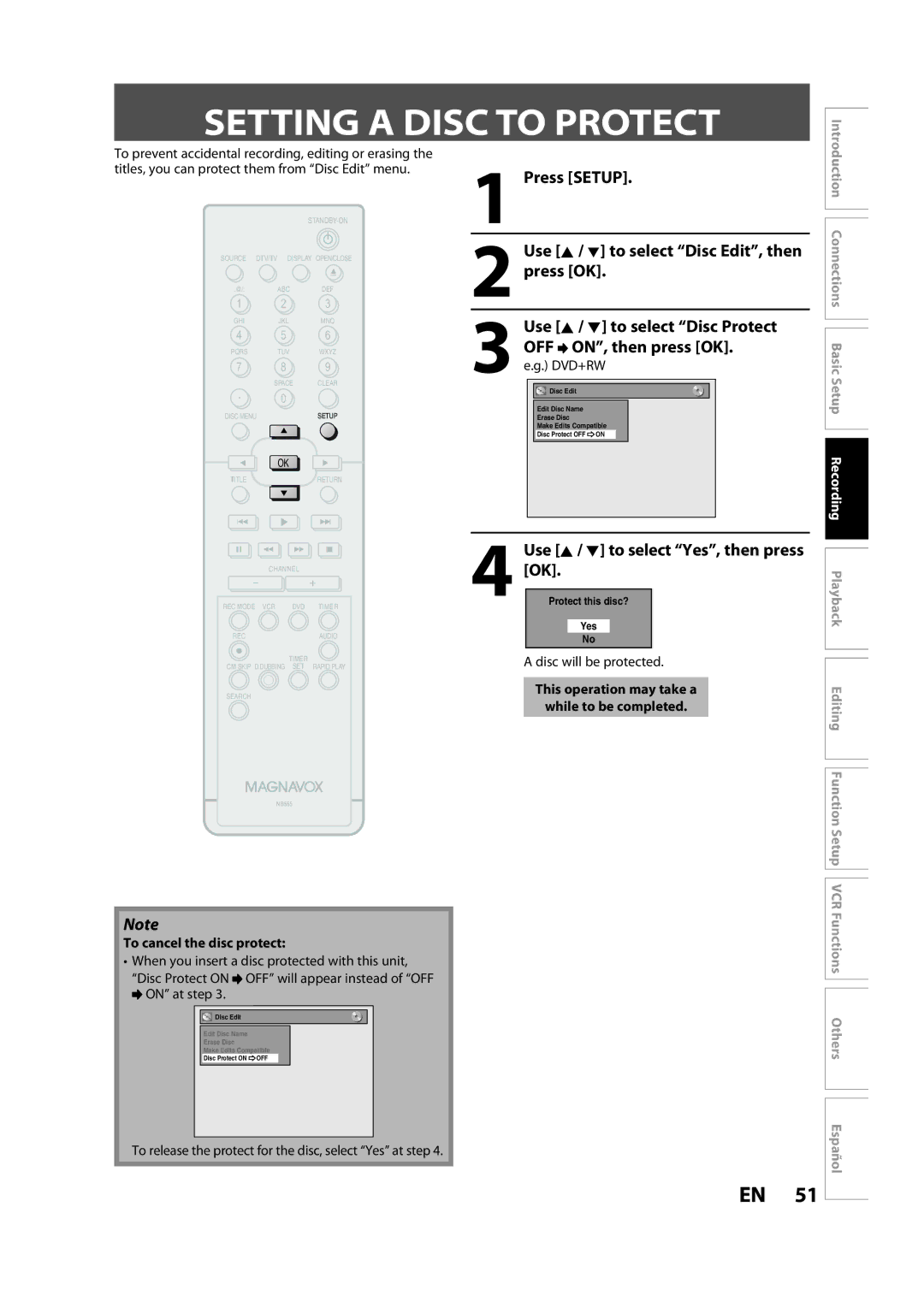 Magnavox ZV450MW8A Setting a Disc to Protect, Use K / L to select Yes, then press OK, To cancel the disc protect 