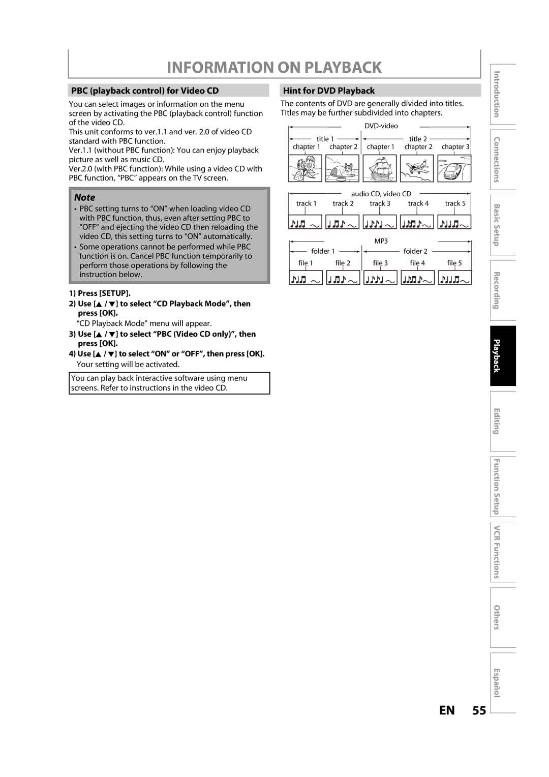 Magnavox ZV450MW8A owner manual Information on Playback, PBC playback control for Video CD, Hint for DVD Playback 