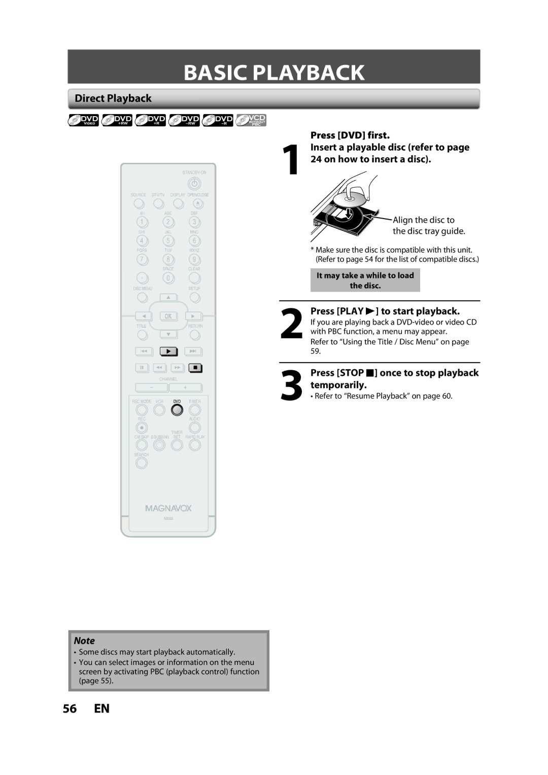 Magnavox ZV450MW8A Basic Playback, Direct Playback, Press Play B to start playback, Refer to Resume Playback on 