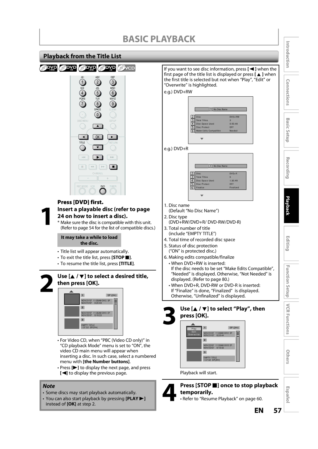 Magnavox ZV450MW8A owner manual Basic Playback, Playback from the Title List, Use K / L to select a desired title, Press OK 